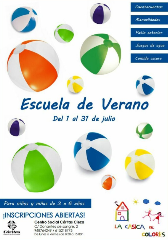 Foto del cartel de la escuela de verano que organiza Cáritas de Cieza.