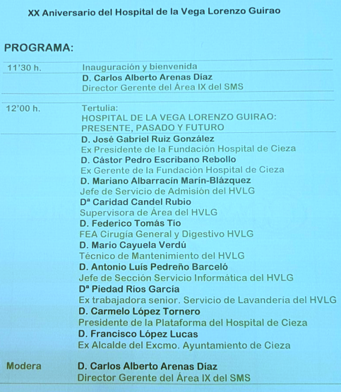 Celebración del XX Aniversario del Hospital de la Vega Lorenzo Guirao