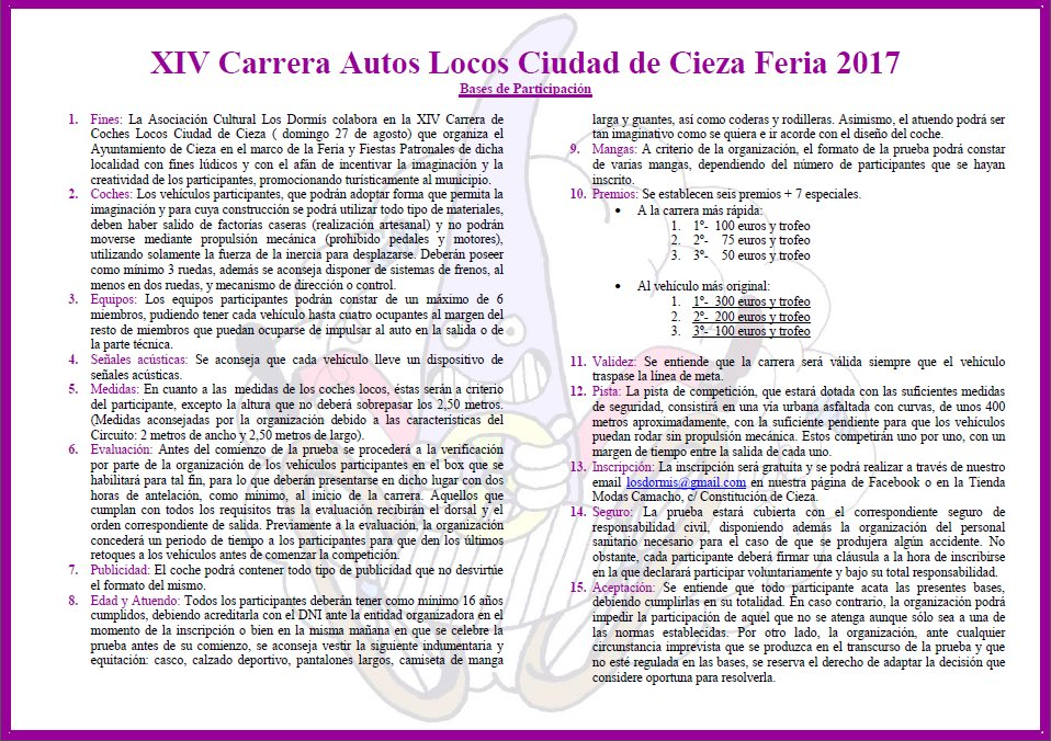 Texto de las bases para la participación en la XIV Carrera de Autos Locos.