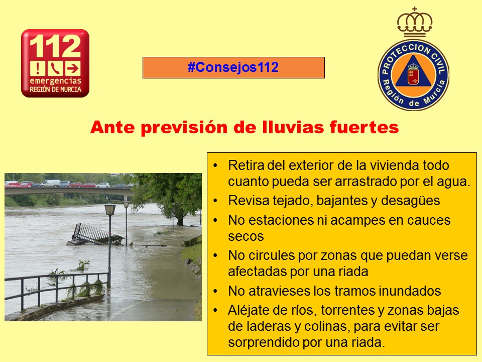 Imagen de consejos y de Aviso del 112 Murcia por Lluvias fuertes.