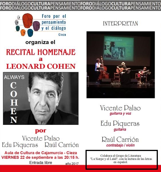 Recital Homenaje a Leonard Cohen, organiza Foro por el Pensamiento y el Diálogo en Cieza