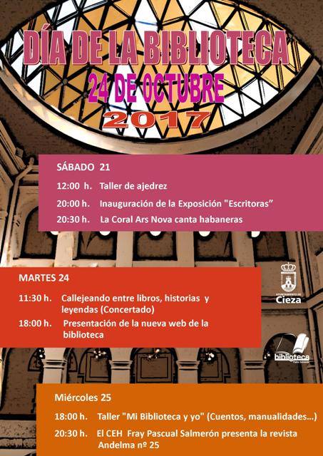 Cartel con las actividades que Biblioteca Municipal Padre Salmerón de Cieza celebra el 'Día de la Biblioteca'.
