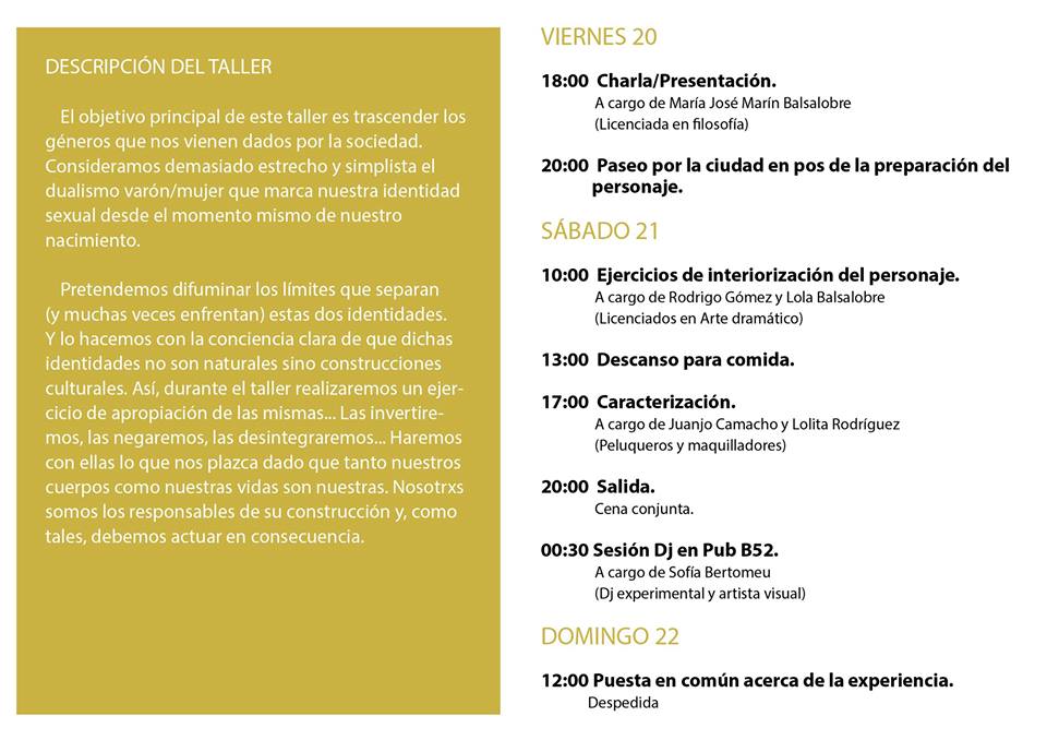 Cartel de toda la Programación, horarios y colaboradores del taller Transgénero en Cieza.