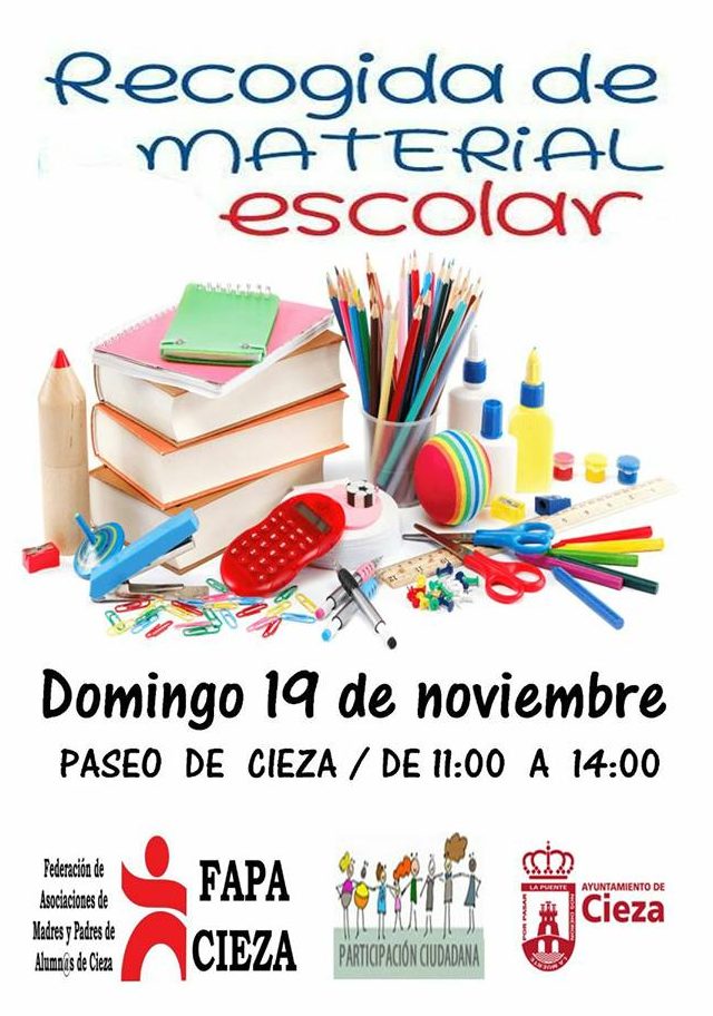 Imagen del Cartel de la recogida material escolar en la feria de asociaciones de Cieza.