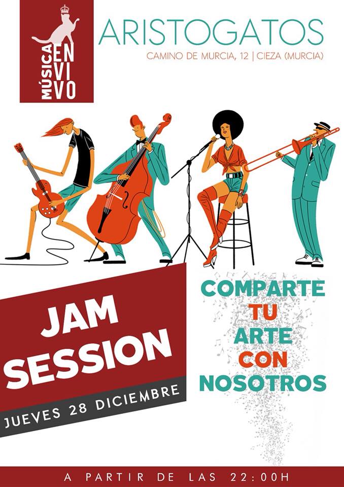 Cartel de la Jam Sessions en Aristogatos Coffee, Cieza.