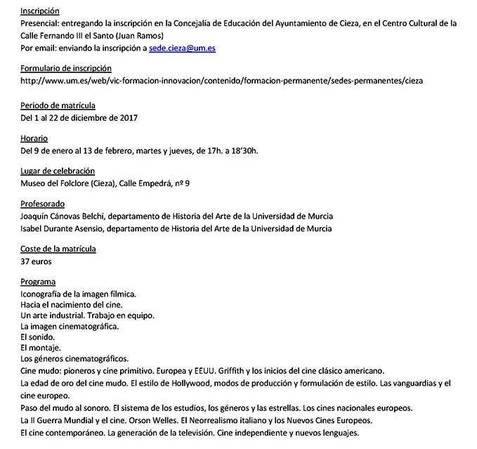 Información del programa curso El Arte del Cine en Cieza.