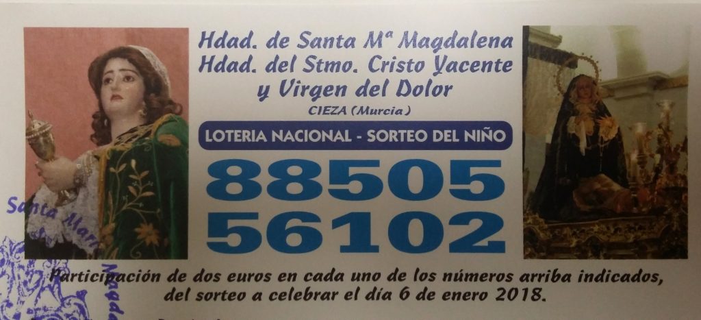Fotografía de la Participación de lotería del Niño de la Hermandad de la Magdalena de Cieza.