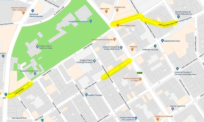 Imagen y Plano situación calles en obras en Cieza.