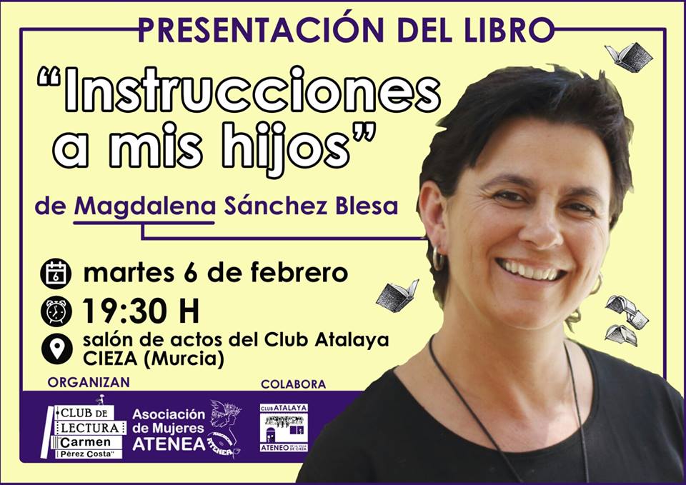 Cartel de la presentación del libro Instrucciones a mis hijos de la poetisa murciana Magdalena Sánchez Blesa.