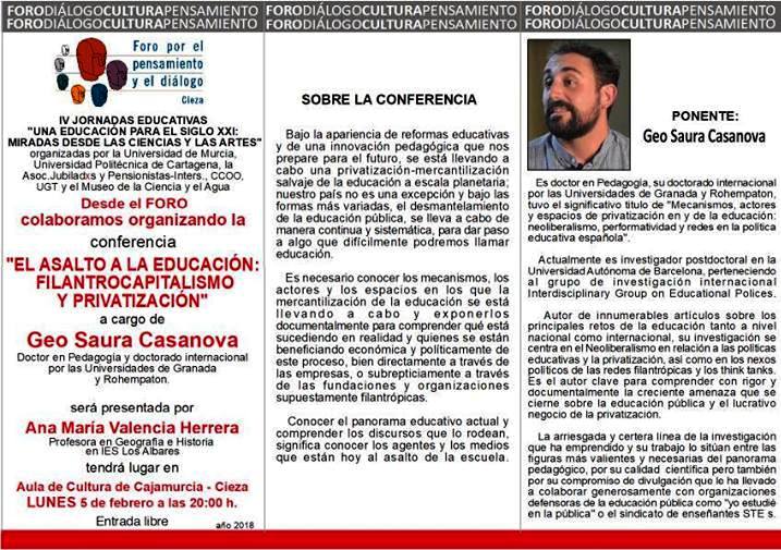 Charla ‘El Asalto a la Educación: Filantrocapitalismo y Privatización’, organiza Foro por el Pensamiento y el Diálogo en Cieza