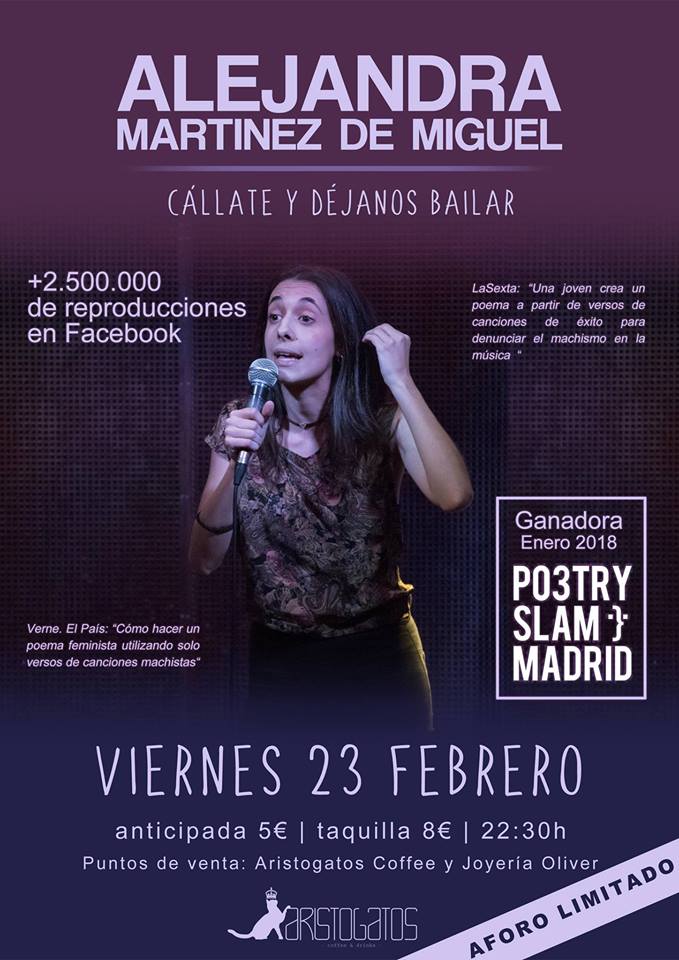 Cartel de la actividad de Poesía Escénica con Alejandra de Miguel en Aristogatos Coffee
