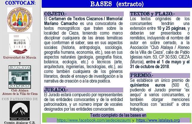 Cartel de las bases del Certamen de Textos en Cieza.