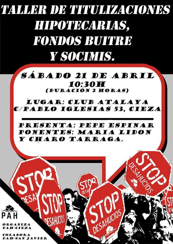 Cartel del taller de la Plataforma por la Hipoteca de Cieza.