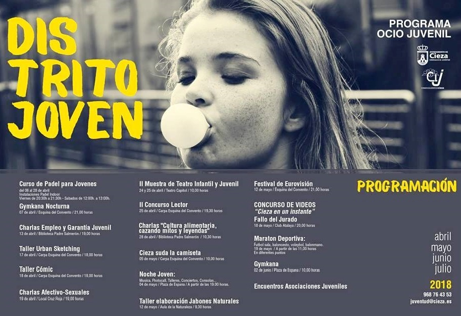 Cartel con las actividades programa Distrito Joven de la Concejalía de Juventud de Cieza.