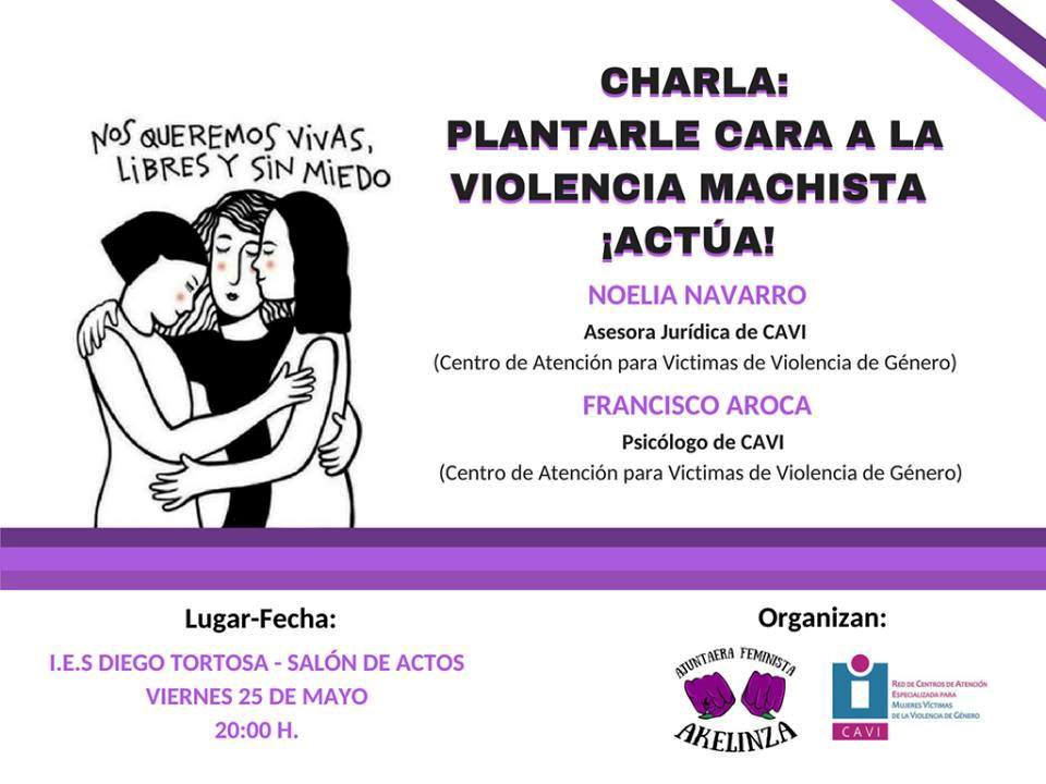 Cartel con la información de la Charla prevención Violencia de Genero Colectivo de Mujeres Ajuntaera Feminista AKELINZA.