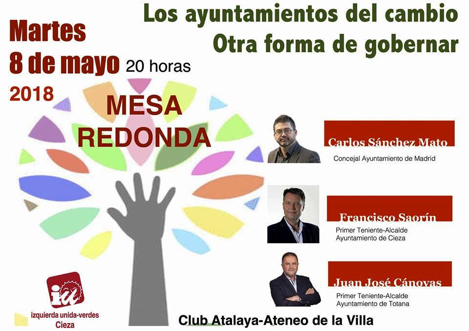 Cartel con la información de la Mesa redonda Los ayuntamientos del cambio en Cieza.