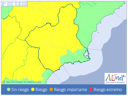 AEMET emite aviso amarillo por tormentas a partir de las 12:00 horas de esta miércoles en la Región de Murcia