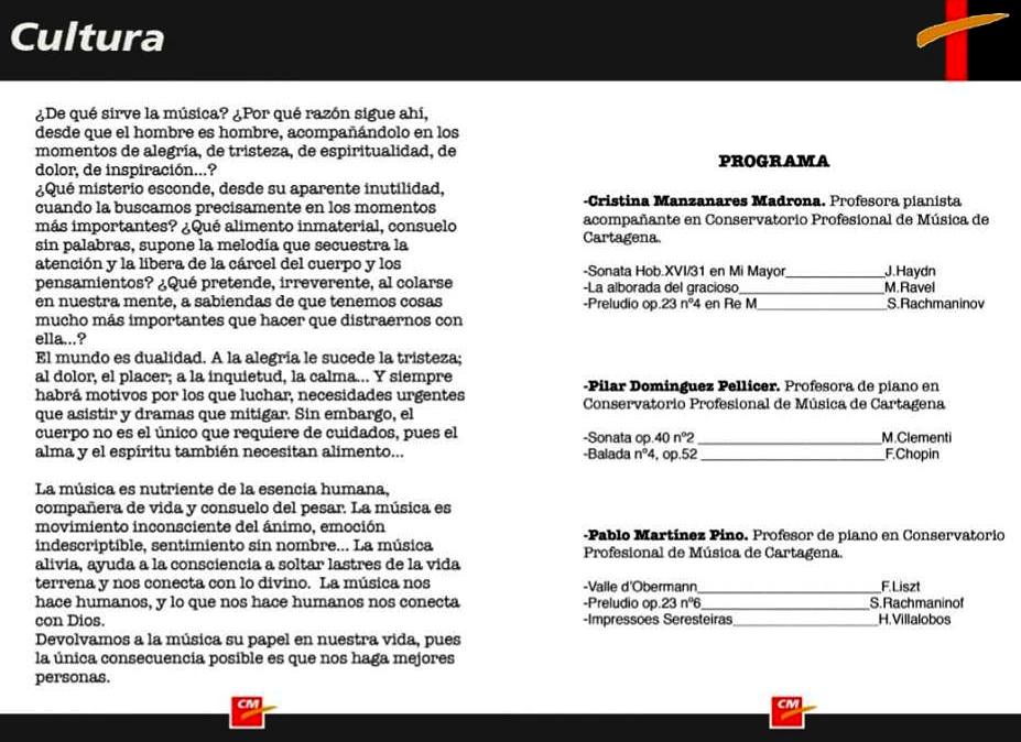 Texto e imagen del Programa del recital de piano benéfico en Cieza.