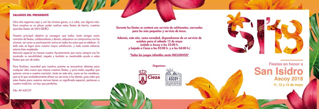 Flyer con el saludo por las Fiestas de San Isidro en Ascoy, 2018.