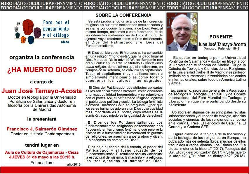 Flyer con la información de la conferencia A muerto dios, en Cieza.