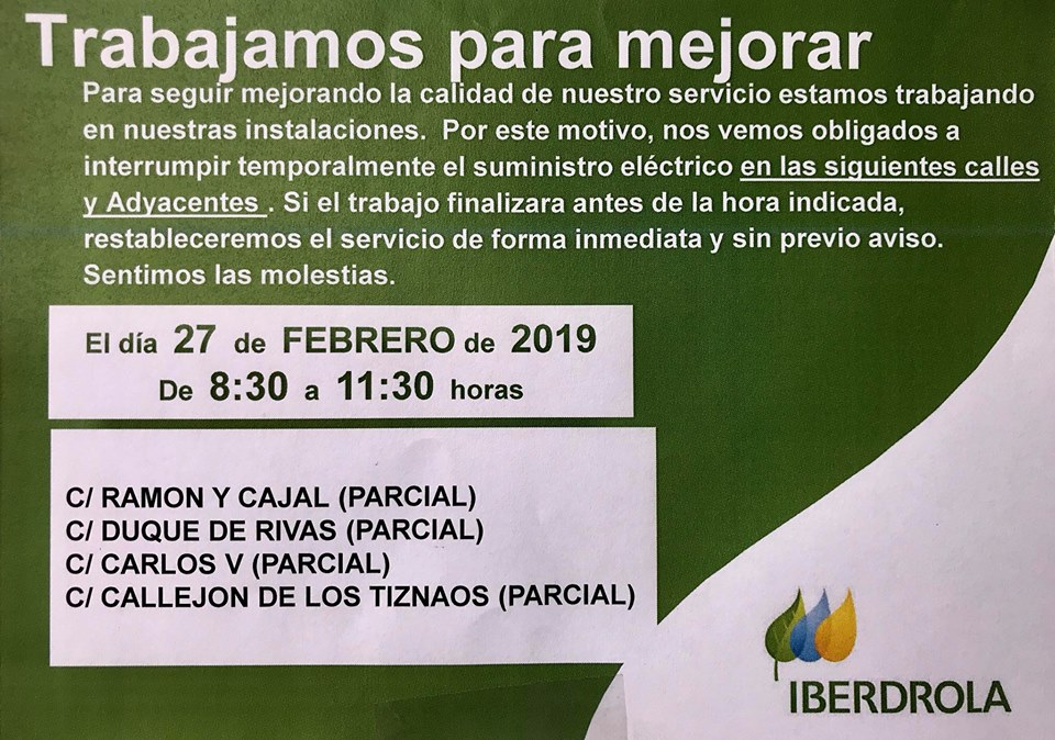 Iberdrola pone en conocimiento un corte de luz previsto para este miércoles en diversas calles de Cieza