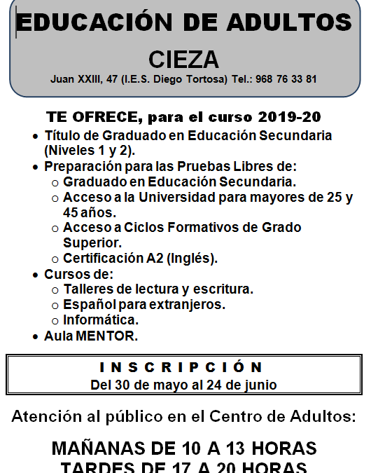 La Escuela de Adultos de Cieza abre el plazo de inscripción para el curso 2018-20