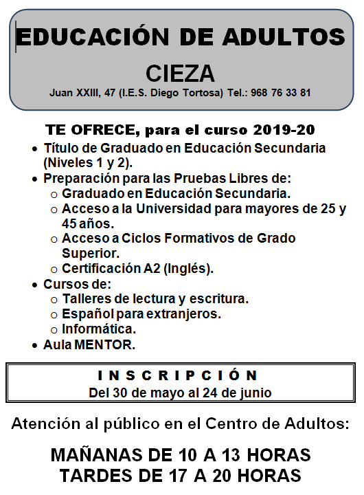 Cartel de la escuela de adultos de Cieza.