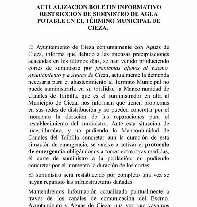 Boletín informativo restricción de agua en Cieza