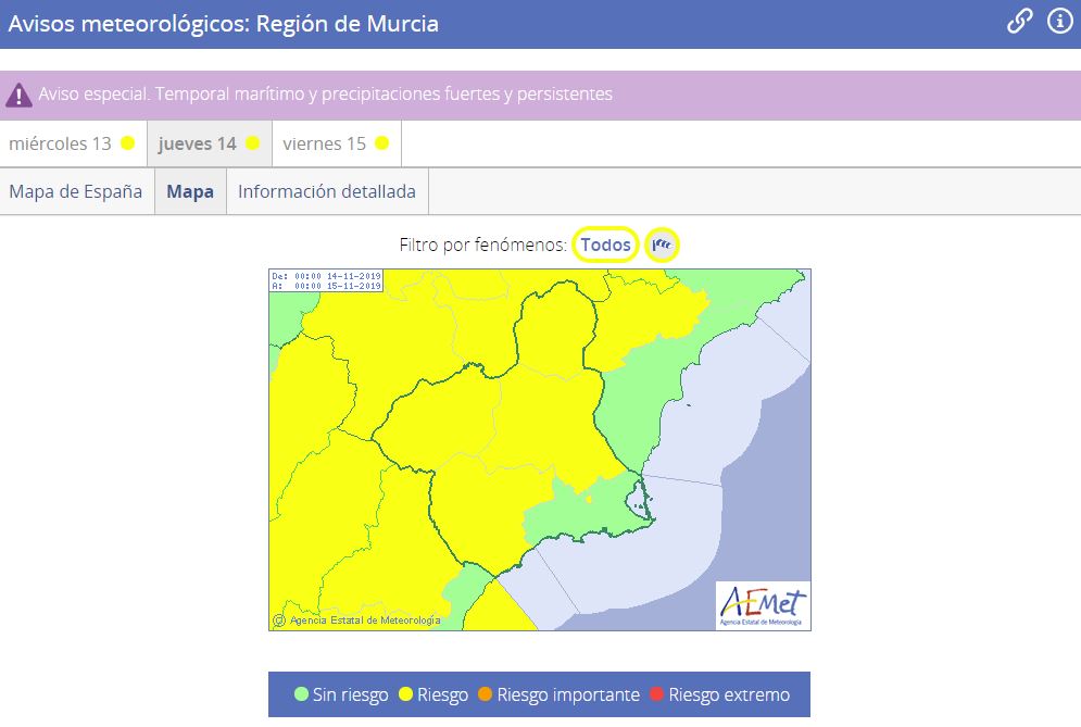 El jueves Cieza permanecerá en aviso nivel amarillo por fuertes vientos
