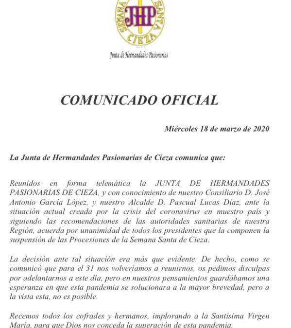 La Junta de Hermandades suspende la Semana Santa de Cieza 2020