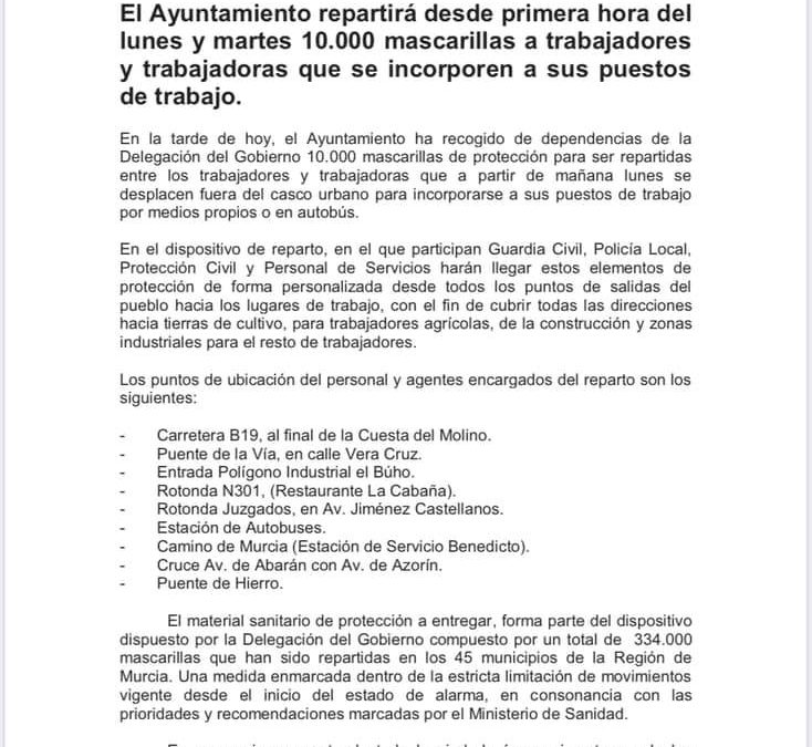 El Ayuntamiento repartirá a primera hora de este lunes y martes 10.000 mascarillas a trabajadores
