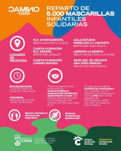 El Ayuntamiento de Cieza comienza este lunes el reparto de mascarillas infantiles solidarias