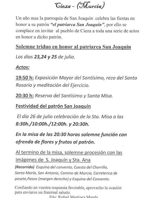 La Parroquia de San Joaquín celebra sus fiestas en honor a su Patrón