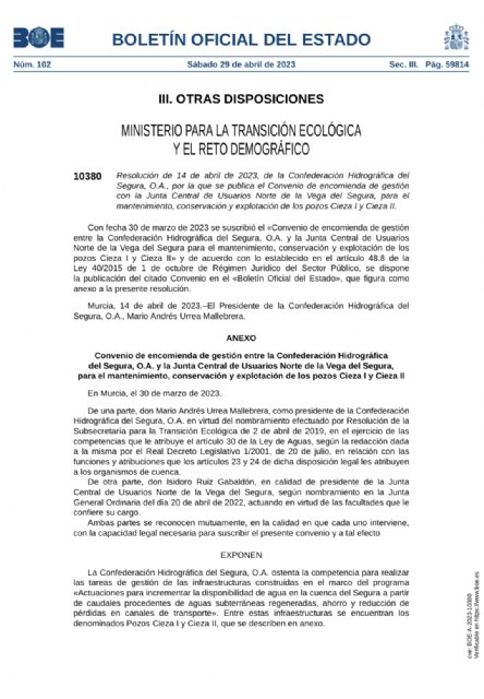 El BOE publica la encomienda de gestión de los pozos Cieza I y II
