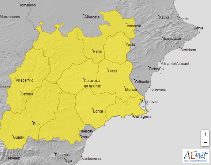 Aviso amarillo por fuertes precipitaciones y tormentas durante el martes