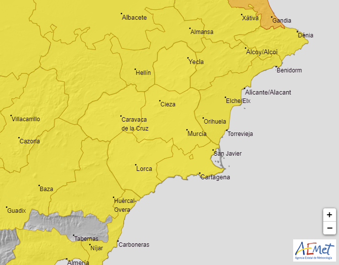 AEMET activa el aviso amarillo por fuertes lluvias y tormentas para el viernes